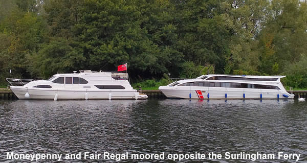 Moneypenny and Fair Regal moored opposite The Surlingham Ferry