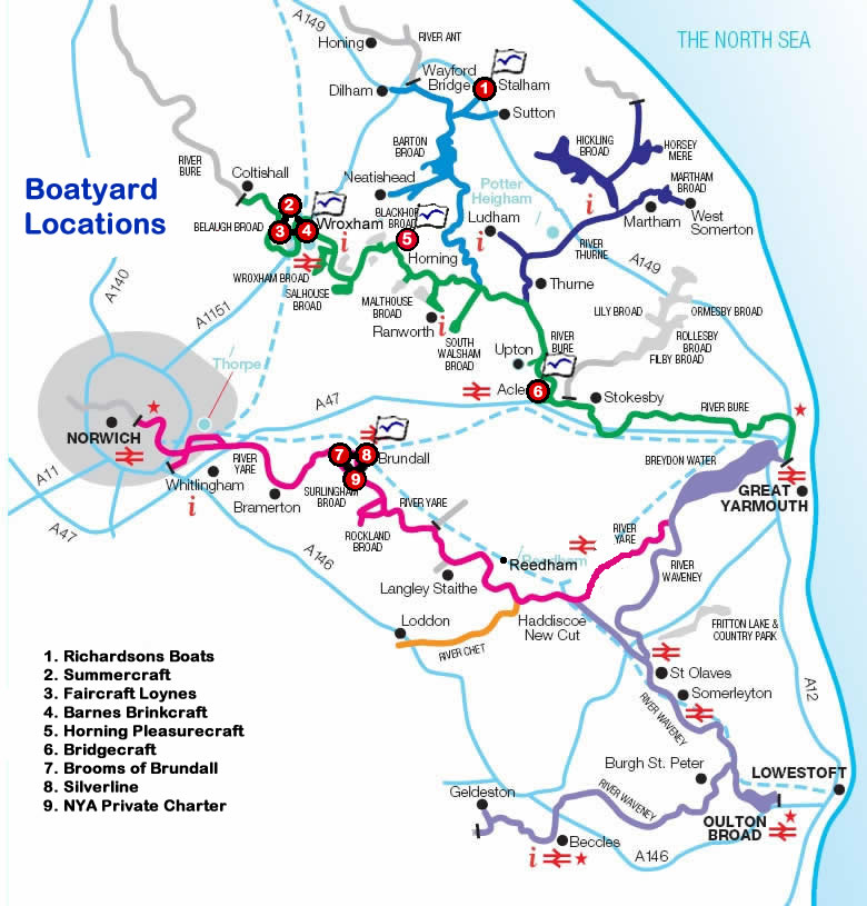 Map of boatyard locations on the Norfolk Broads